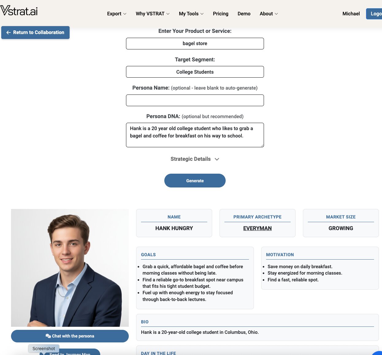 Persona card showing full profile with photo, demographics, goals, pain points, and brand affinities