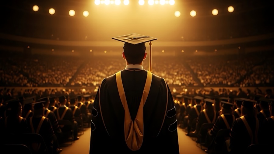 A graduate facing a full auditorium